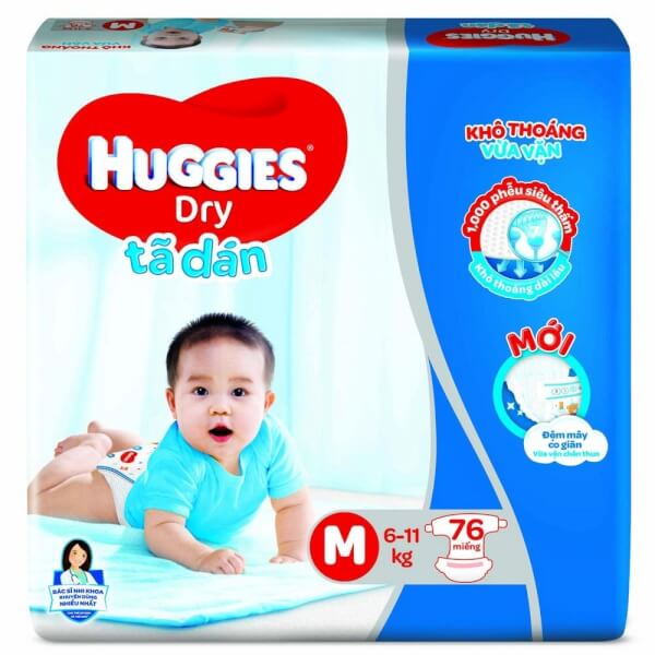 Combo 3 gói Bỉm tã dán Huggies Dry size M 76 miếng (6-11kg) giá siêu