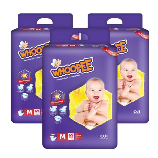 Combo 3 Gói Bỉm Tã Dán Whoopee Size M 69 Miếng (5 - 8Kg)