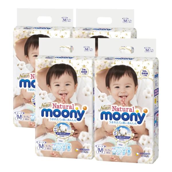 Combo 4 gói Bỉm tã dán Moony Natural size M 46 miếng (6-11kg)