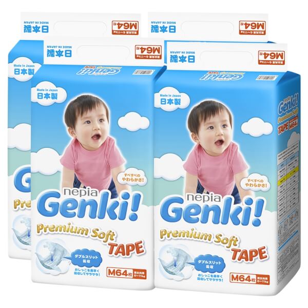 Combo 4 gói Bỉm tã dán Genki size M 64 miếng (6-11kg)