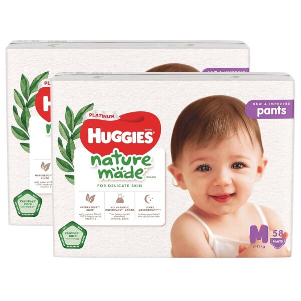 Combo 2 Gói Bỉm Tã Quần Huggies Platinum Nature Made M Size 58 Miếng (6 - 11Kg)