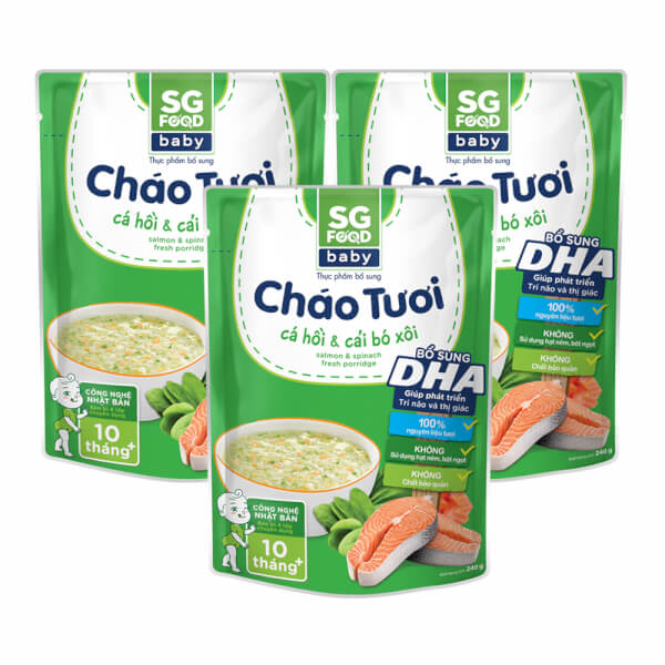 Combo 3 Gói Cháo Tươi Baby Cá Hồi Cải Bó Xôi, Sg Food, 10 Tháng, 240G