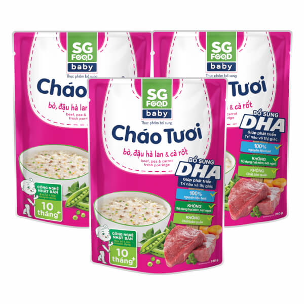 Combo 3 Gói Cháo Tươi Baby Bò Đậu Hà Lan Cà Rốt, Sg Food, 10 Tháng, 240G