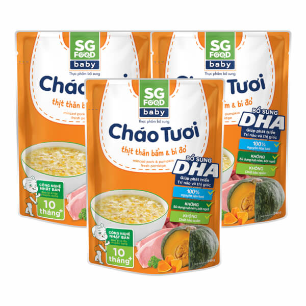 Combo 3 Gói Cháo Tươi Baby Thịt Thăn Bằm Bí Đỏ, Sg Food, 10 Tháng, 240G