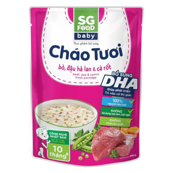 Cháo tươi Baby bò đậu hà lan cà rốt, SG Food, 10 tháng, 240g