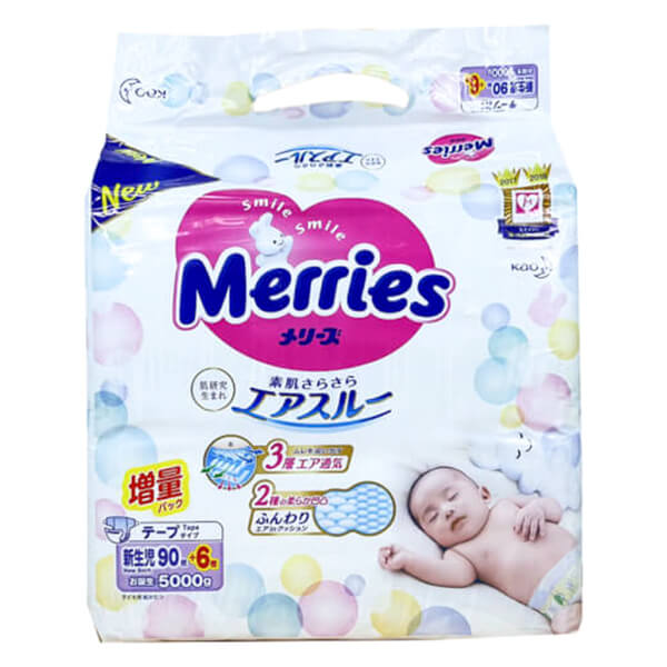 Tã Dán Merries Cộng Miếng (Newborn, Dưới 5Kg, 90 + 6 Miếng)