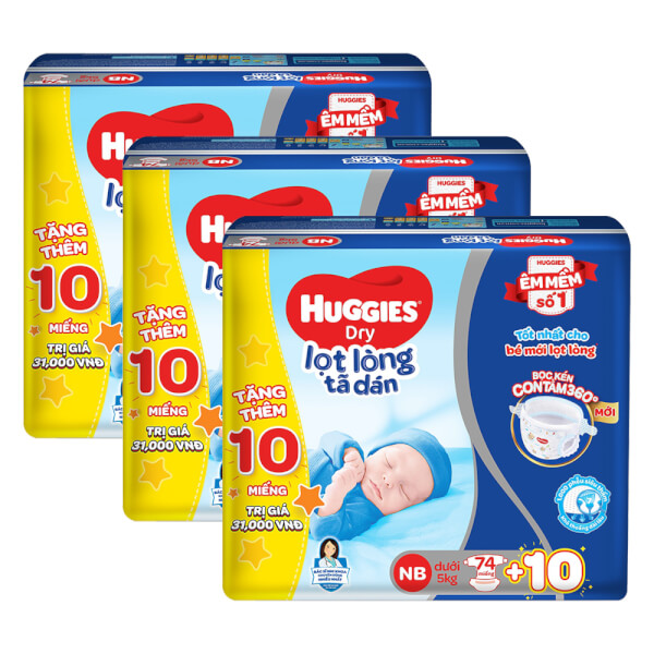 Combo 3 Bỉm Tã Dán Sơ Sinh Huggies Size Nb 74 Miếng (Dưới 5Kg) (Sản Phẩm Được Giao Với Bao Bì Ngẫu Nhiên)