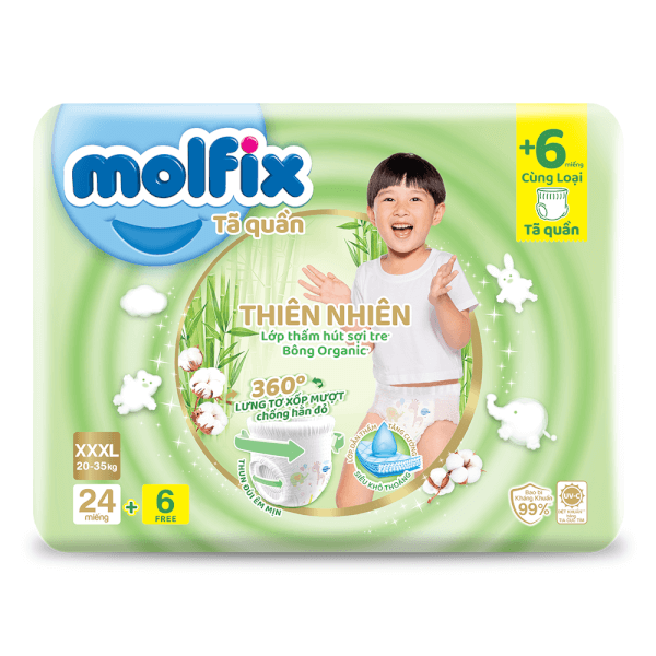 Bỉm Tã Quần Molfix Thiên Nhiên (Xxxl, 20 - 35Kg, 24 Miếng)