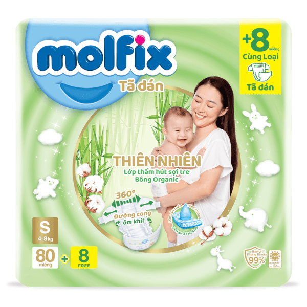 Bỉm Tã Dán Molfix Thiên Nhiên (S, 4 - 8Kg, 80 Miếng)