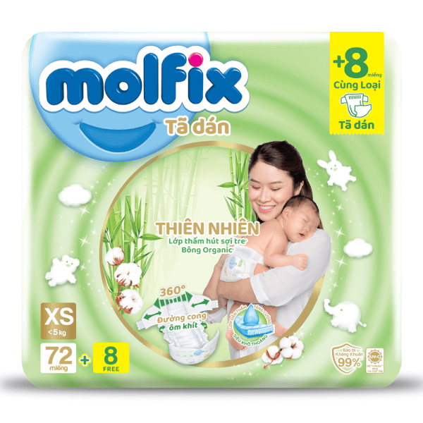 Bỉm Tã Dán Molfix Thiên Nhiên (Xs, < 5Kg, 72 Miếng)