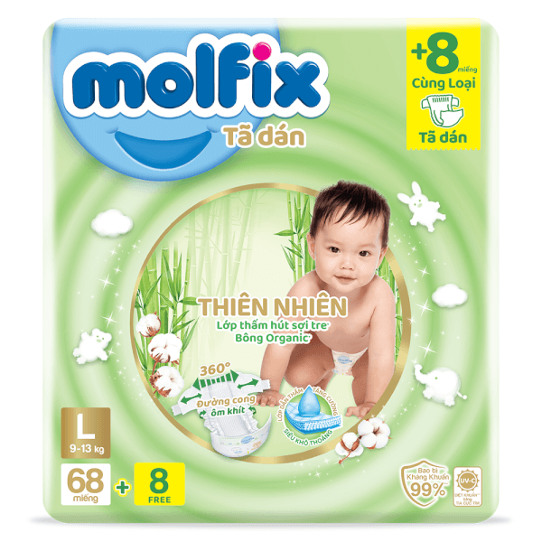 Bỉm Tã Dán Molfix Thiên Nhiên (L, 9 - 13Kg, 68 Miếng)