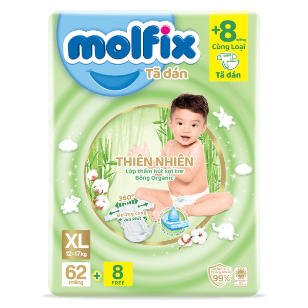 Combo 2 Bỉm tã dán Molfix thiên nhiên (XL, 12-17kg, 62 miếng + 8 miếng)