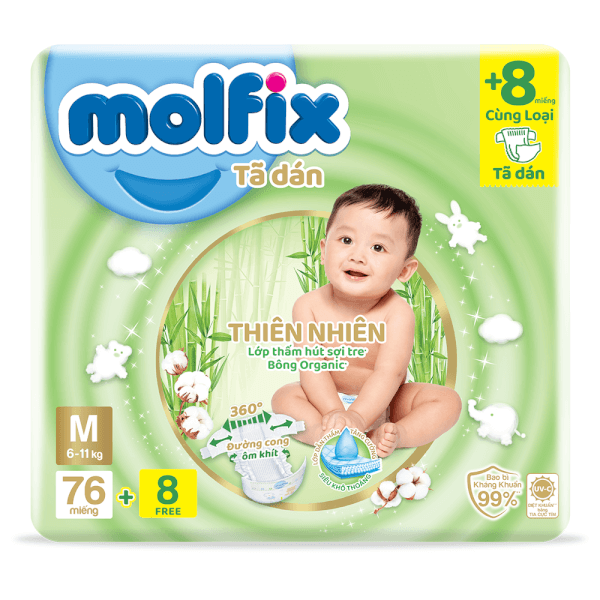 Combo 2 Bỉm tã dán Molfix Thiên Nhiên (M, 6-11kg, 76 miếng + 8 miếng)