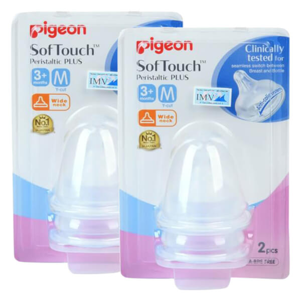 Combo 2 Núm ty thay bình sữa Pigeon cổ rộng plus (size M, 3-6M)
