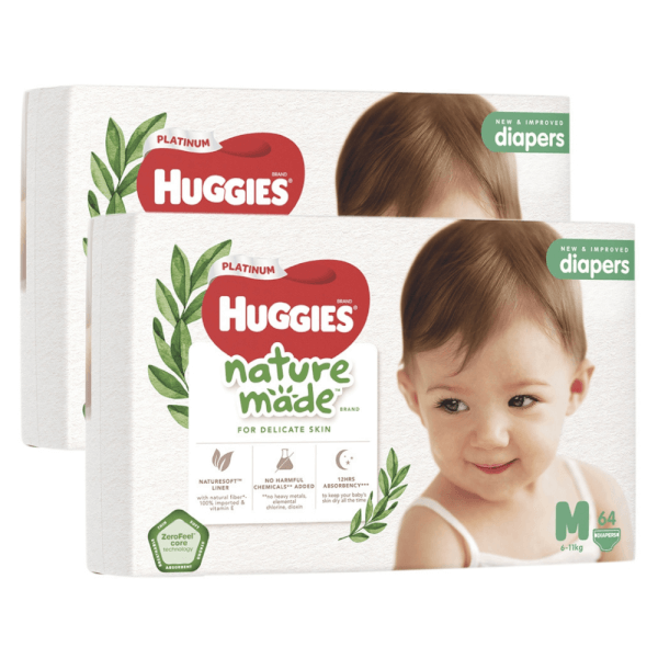 Combo 2 Bỉm Tã Dán Huggies Platinum Nature Made Size M 64 Miếng (6 - 11Kg)