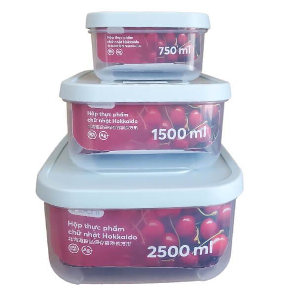 Bộ Hộp Thực Phẩm Chữ Nhật Hokkaido 750, 1500, 2500Ml (Inc)