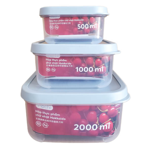 Bộ 3 Hộp Thực Phẩm Chữ Nhật Hokkaido 500, 1000, 2000Ml (Inc)