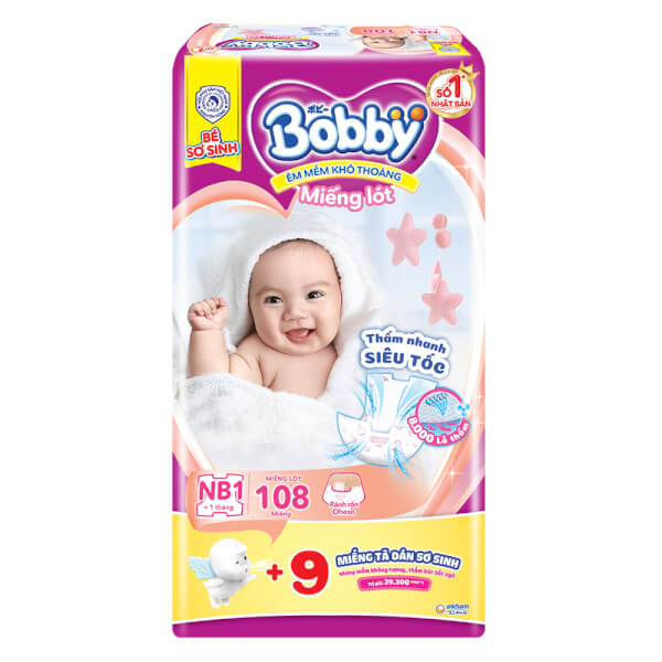 Miếng Lót Bobby Fresh (Newborn 1, Dưới 5 Kg, 108 Miếng) + 9 Miếng Tã Dán Bobby Cỡ Xs