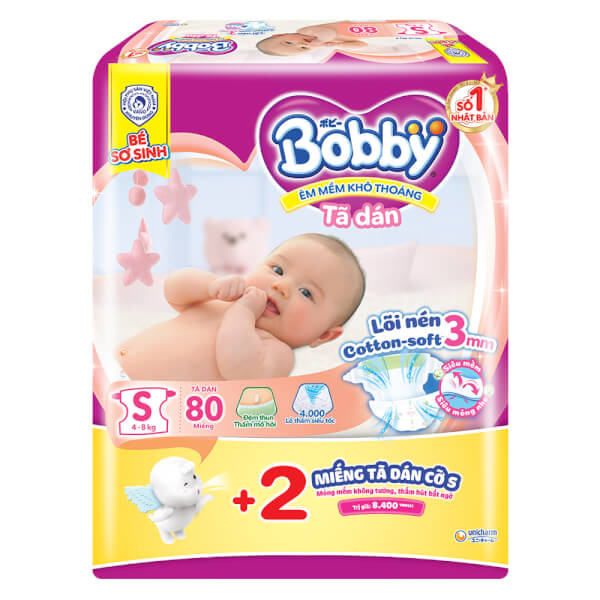 Bỉm Tã Dán Bobby Siêu Thấm - Khô Thoáng (S, 4 - 8Kg, 80 Miếng) + 2 Miếng Tã Dán Bobby Cỡ S