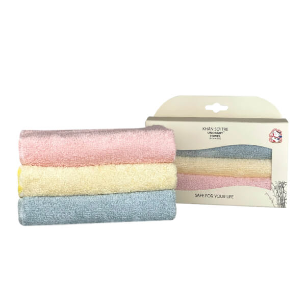 Combo 3 Khăn Sợi Tre Unobaby 25X25Cm (Xanh, Hồng, Vàng)