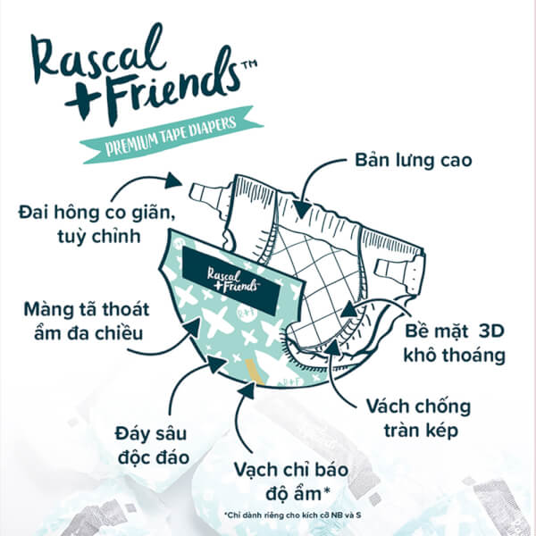Tã dán Rascal + Friends (M, 6-11kg, 60 miếng)