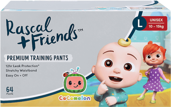 Thùng Tã quần Rascal + Friends CoComelon (L,10-15kg, 64 miếng) kèm sticker ngẫu nhiên