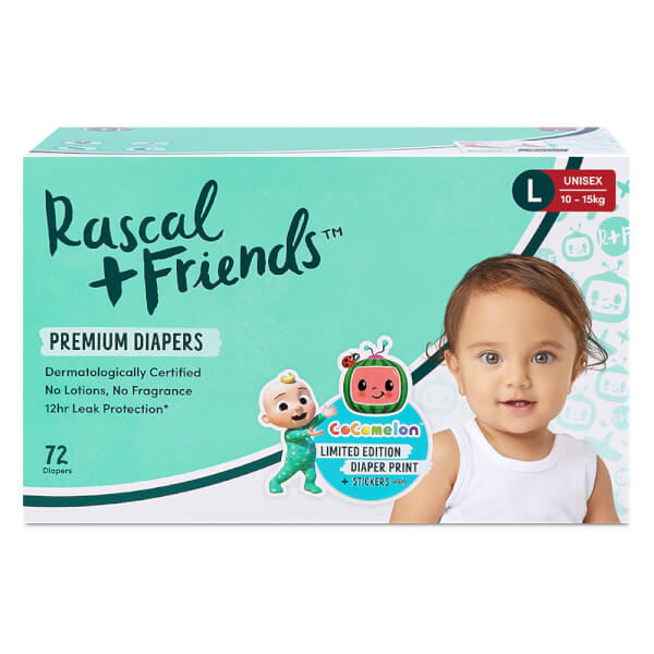 Thùng Tã Dán Rascal+Friend Cocomelon (L, 10 - 15Kg, 72 Miếng)