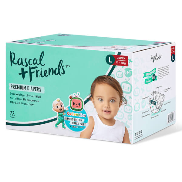 Combo 2 Thùng Tã dán Rascal + Friends Cocomelon (L,10-15kg, 72 miếng)