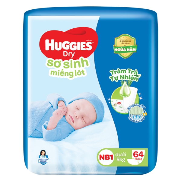 Miếng lót Huggies (Newborn 1, dưới 5kg, 64 miếng)